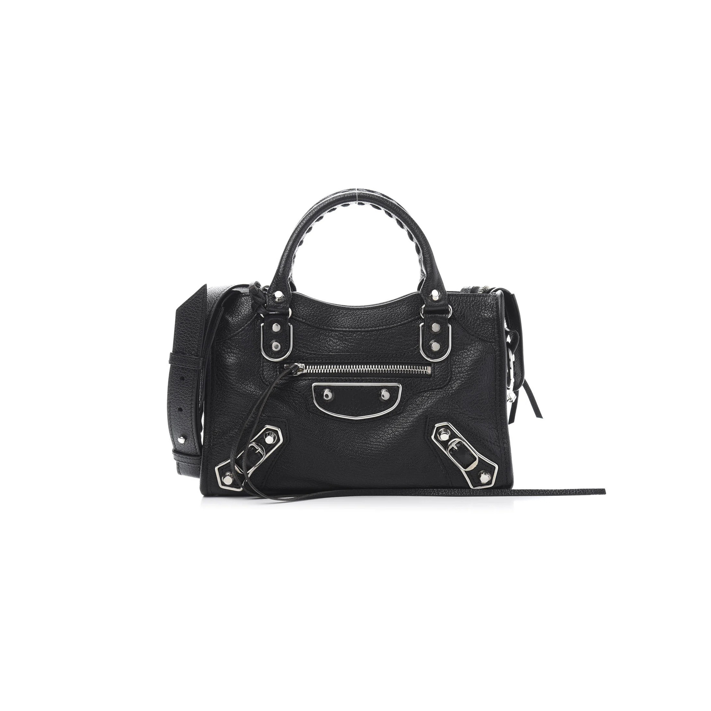 Ba1en*iaga CHEVRE SILVER METALLIC EDGE HARDWARE MINI CITY BLACK (24*16*9cm)